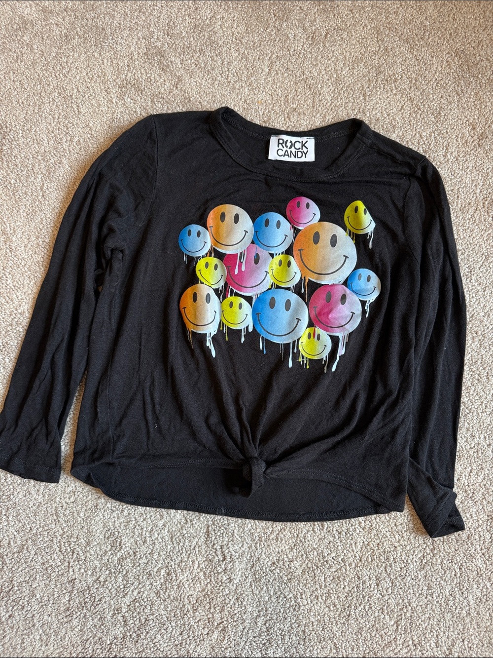 Rock & Candy Black Long Sleeve Tee with Multicolor Drippy Smiley Faces